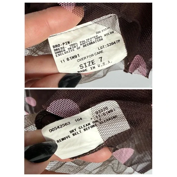 Vtg 90s Y2K A. Byer Midi Dress Sm Brown Pink Polka Dot Mesh Overlay Fit & Flare - Picture 5 of 6